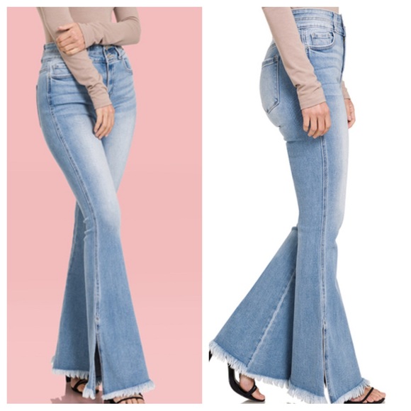 23 Chic Side Slit Frayed Hem Flare Wide Leg Jeans - Picture 5 of 5